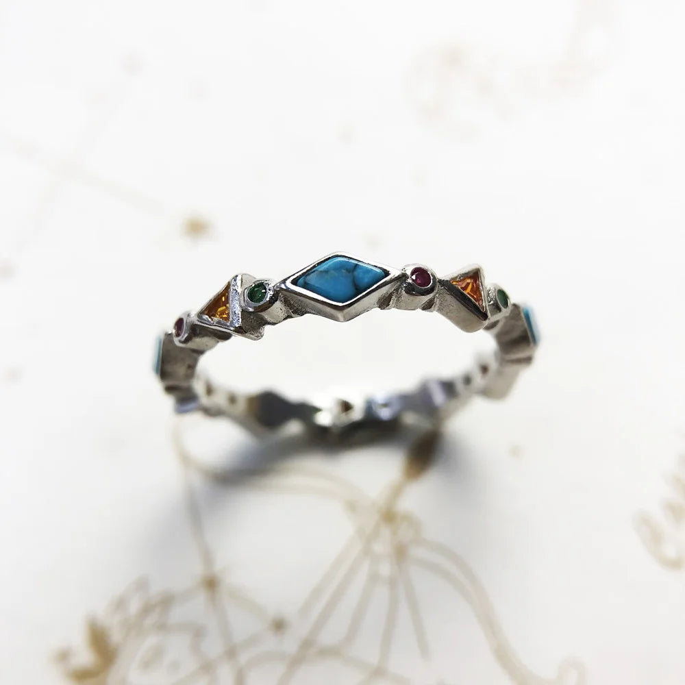 Bague Paradisiaque Pierres Colorées, Turquoise d'Europe 925 Argent Sterling Fine Bijoux pour Femmes Été Nouvelle Bohème Cadeau