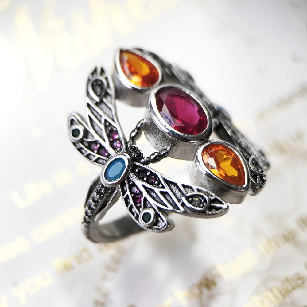 Bague Libellule Colorée en Argent Sterling 925 - Style Bohème