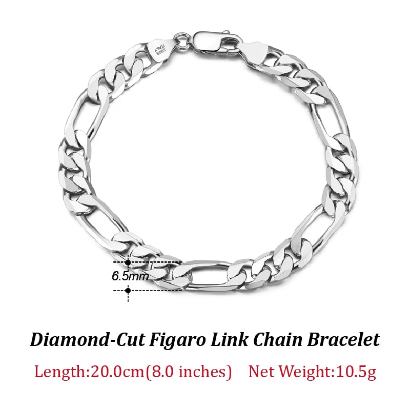 Bracelet Figaro en Argent Sterling 925 - Chaîne Diamantée Élégante - Plusieurs Tailles