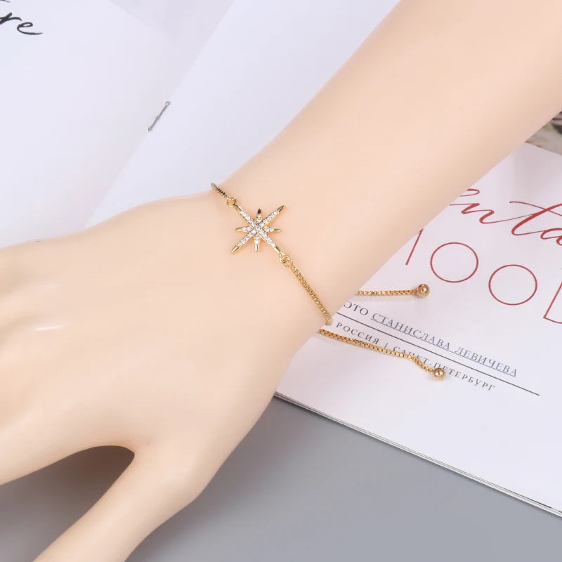 Bracelet Réglable Étoile - Zircon Cubique Plaqué Or avec Fermoir Coulissant