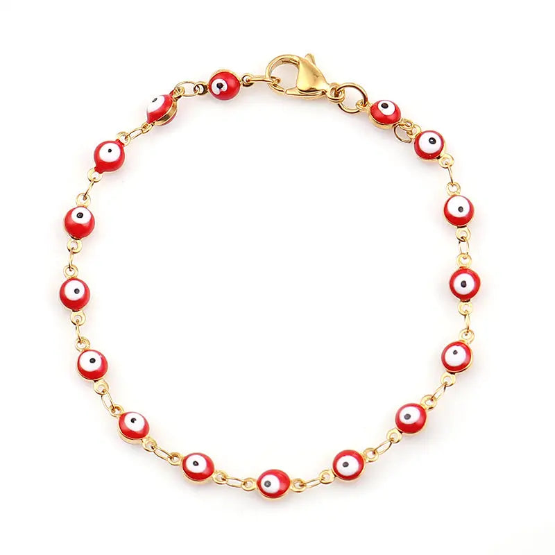 Bracelet Œil de Protection en Acier Inoxydable avec Perles d'Émail Bleu et Rouge
