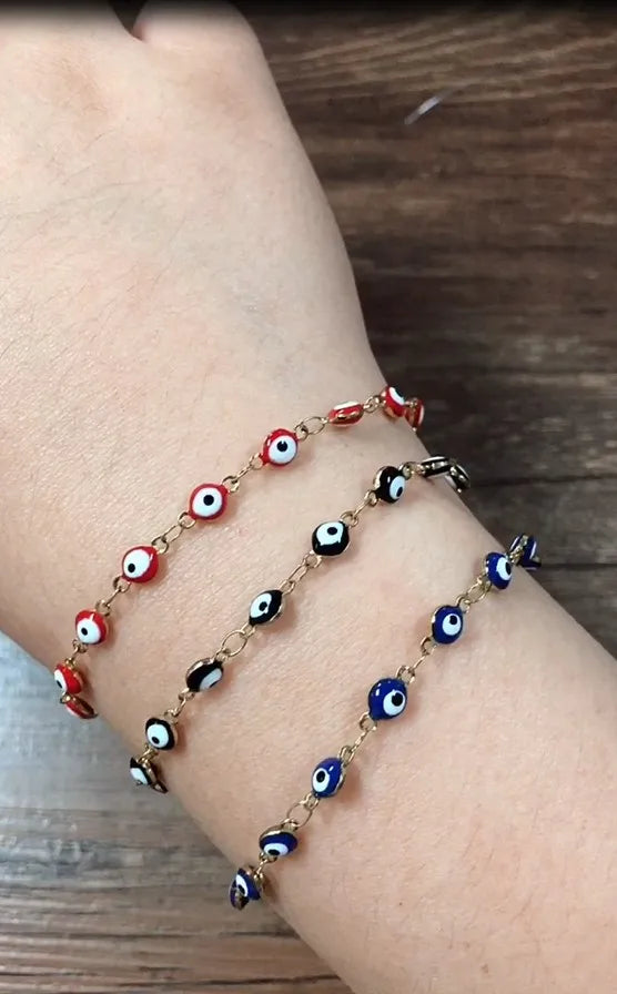 Bracelet Œil de Protection en Acier Inoxydable avec Perles d'Émail Bleu et Rouge