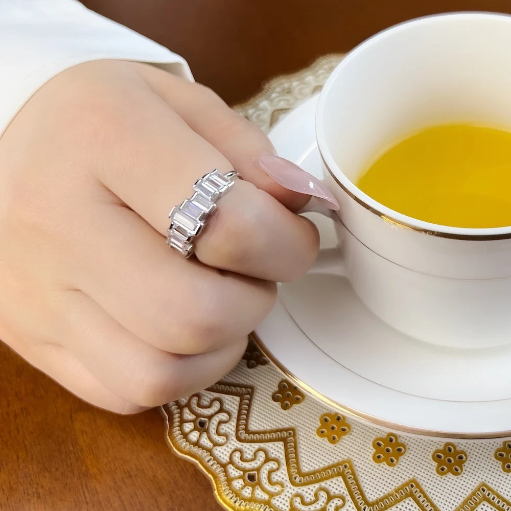 Bague Pierres Blanches Taille Baguette - Argent Sterling 925, Style Européen Glamour