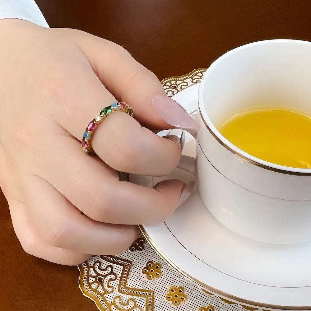 Bague en Or avec Pierres Colorées - Argent Sterling 925, Style Européen Glamour