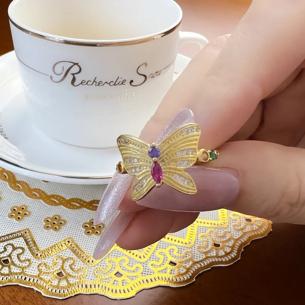 Bague Papillon Délicate en Argent Sterling 925 Plaqué Or - Style Européen