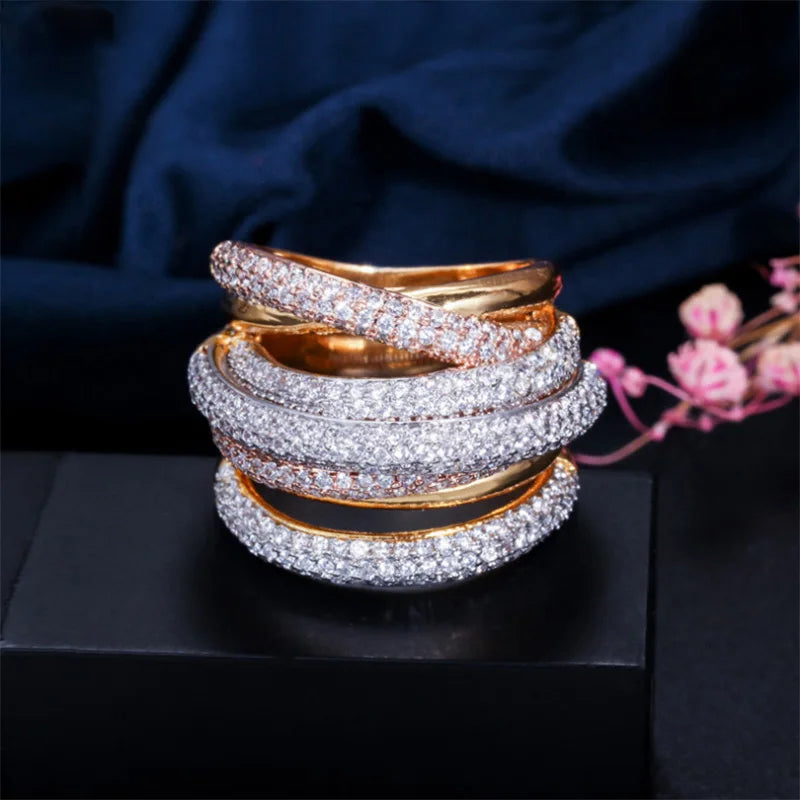 Bague en Acier Titane zircons Multicouches - Accessoire Haute Qualité Exagéré pour Soirées