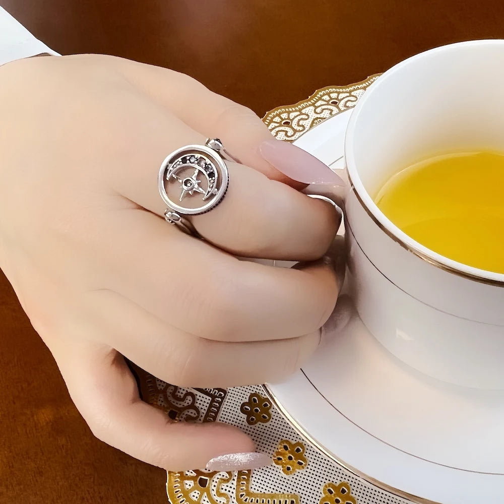 Bague Royauté Étoile & Lune Or, Bijoux Européens pour Femmes Élégantes, Cadeau Bohème 2022 en Argent Sterling 925