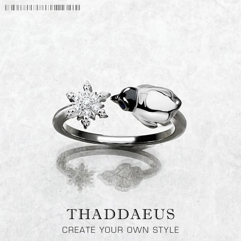 Bague Flocons de Neige et Manchot - Cadeau d'Hiver Mignon pour Femmes en Argent Sterling 925