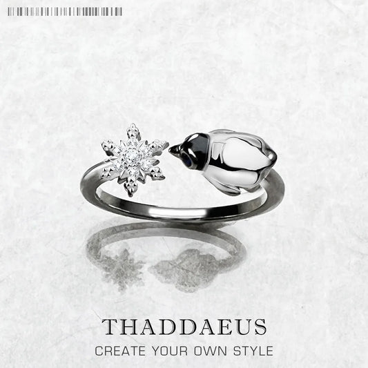Bague Flocons de Neige et Manchot - Cadeau d'Hiver Mignon pour Femmes en Argent Sterling 925