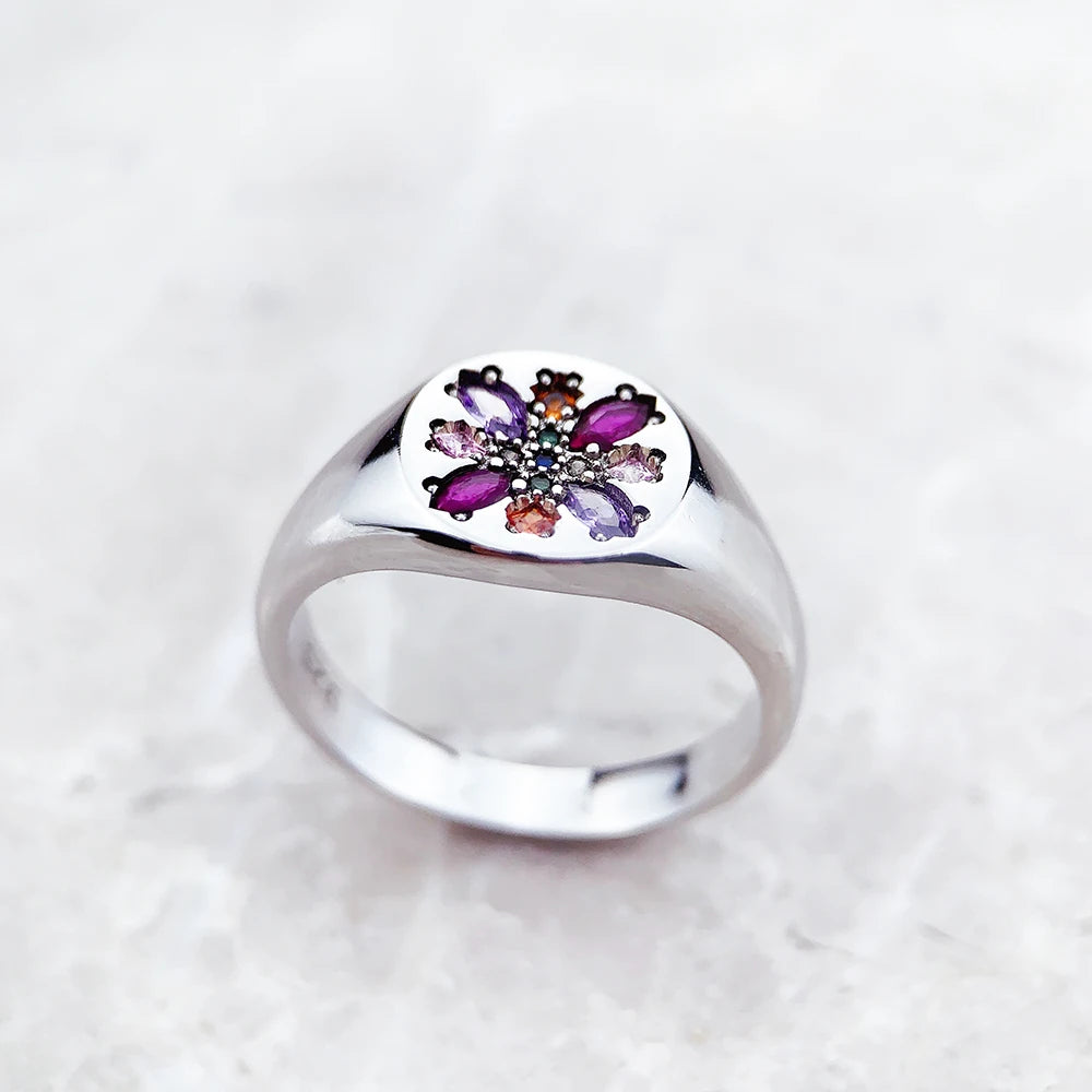 Bague Pierre Colorée Fleur Style Europe Bohème Bijoux fins pour Femmes Été Nouveau pur Argent Sterling 925 Cadeau