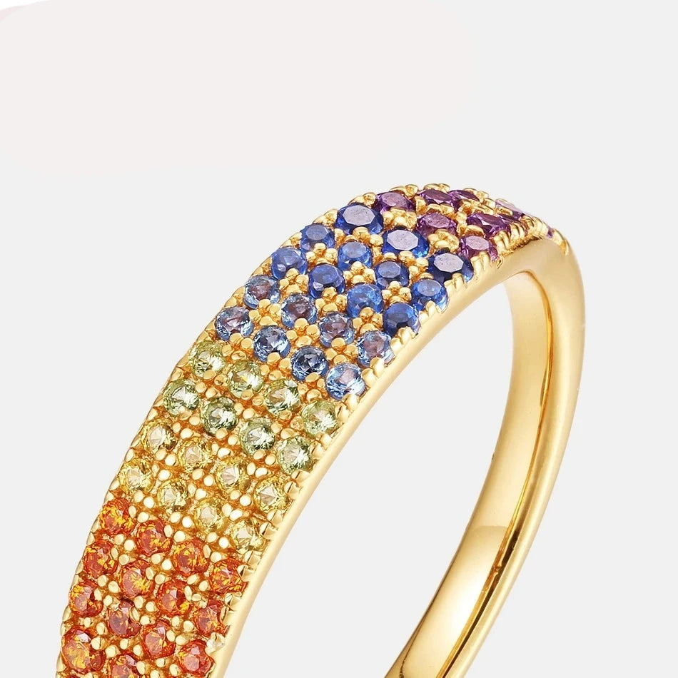 Bagues Zircons Colorés en Dégradé Arc-en-Ciel, Plaqué Or