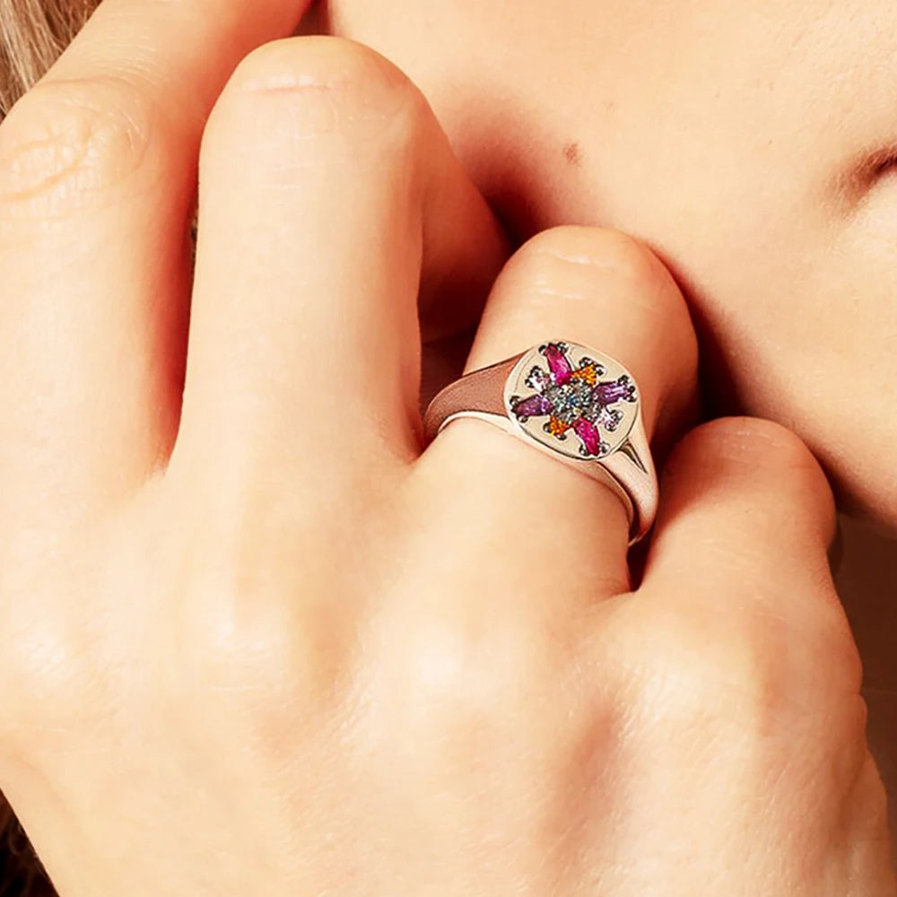Bague Pierre Colorée Fleur Style Europe Bohème Bijoux fins pour Femmes Été Nouveau pur Argent Sterling 925 Cadeau