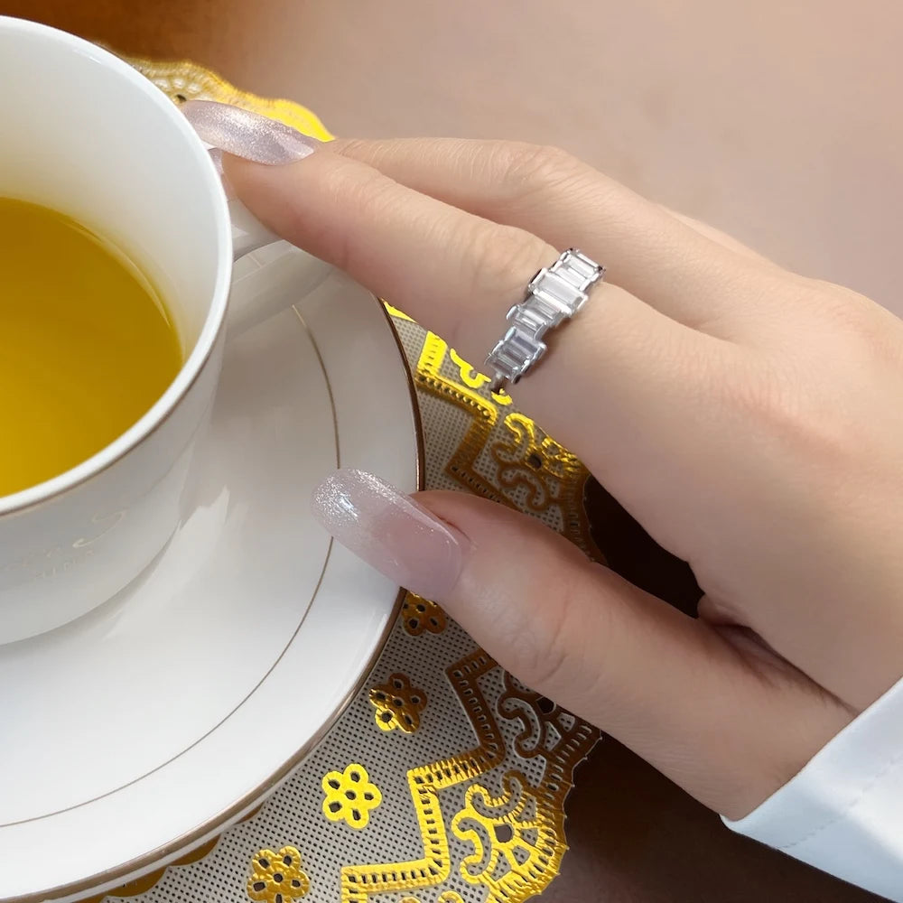 Bague Pierres Blanches Taille Baguette - Argent Sterling 925, Style Européen Glamour
