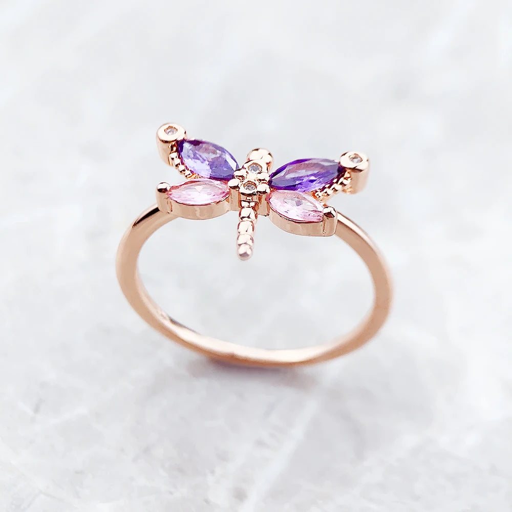 Ring Dragonfly Rose Gold,Europe Style Fine Jewerly For Women New Trendy Gift In 925 Sterling Silver