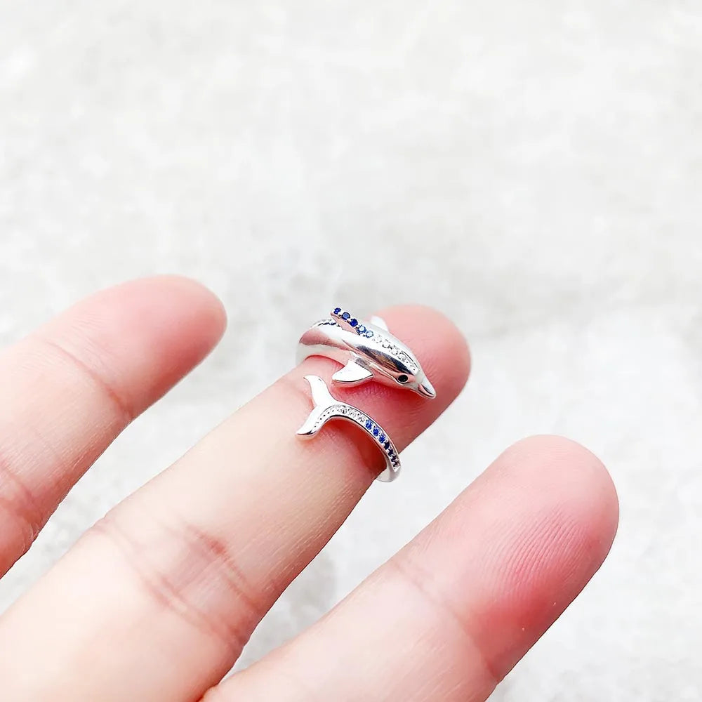 Bague dauphin avec pierres bleues - Nouvelle tendance en bijoux fins - Argent sterling 925 pur - Cadeau joyeux pour femmes