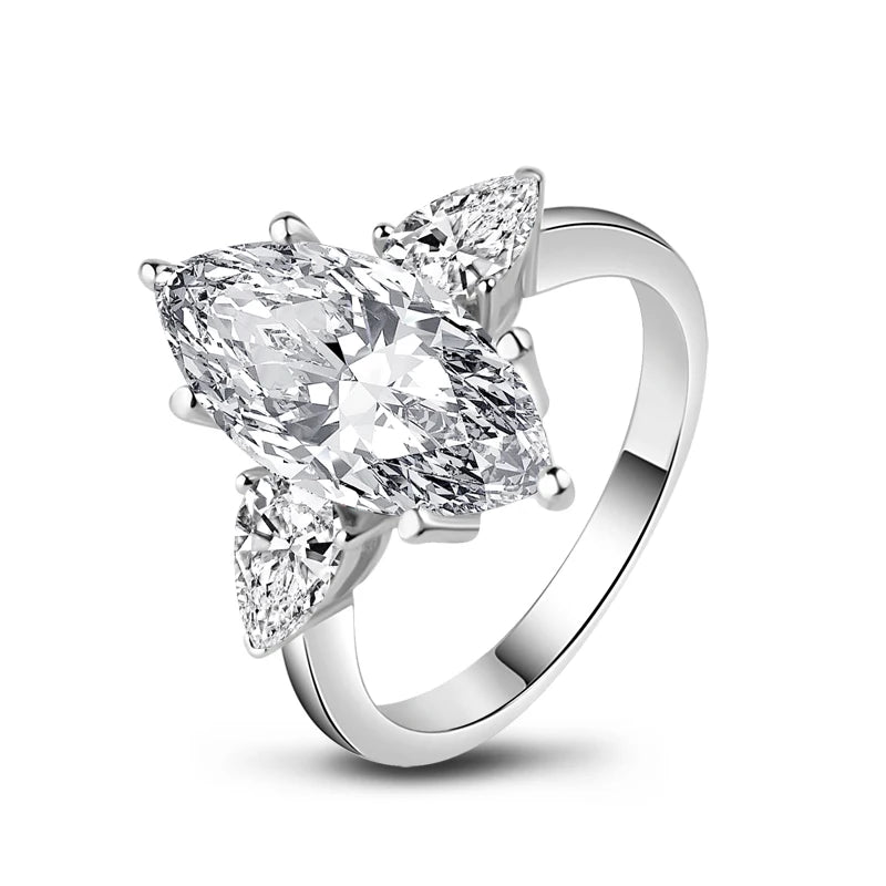 Bague de Mariage et de Fiançailles à Trois Pierres en Argent avec Saphir Blanc Marquise et Diamant Sona