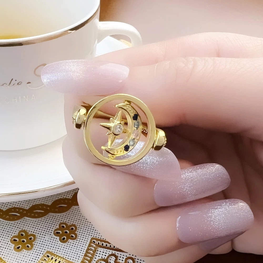 Bague Royauté Étoile & Lune Or, Bijoux Européens pour Femmes Élégantes, Cadeau Bohème 2022 en Argent Sterling 925