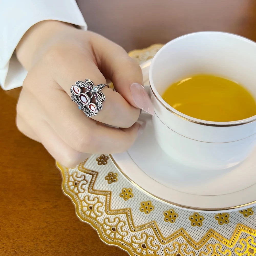 Bague Libellule Colorée en Argent Sterling 925 - Style Bohème