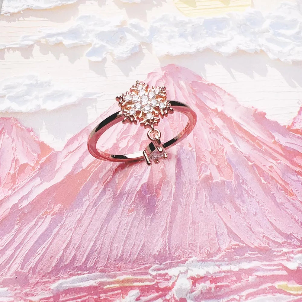 Bague Flocon de Neige Or Rose - Pierres Blanches - Bijoux Fins - Cadeau d'Hiver Romantique pour Femmes en Argent Sterling 925