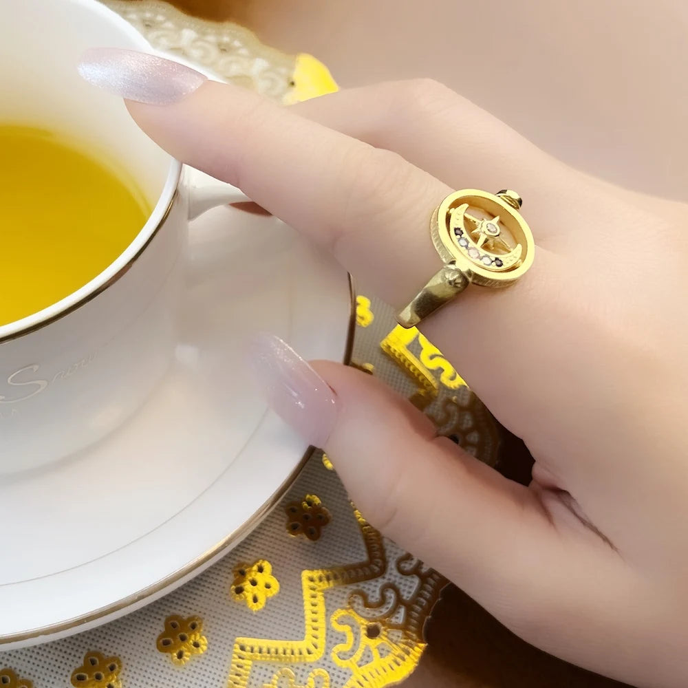 Bague Royauté Étoile & Lune Or, Bijoux Européens pour Femmes Élégantes, Cadeau Bohème 2022 en Argent Sterling 925