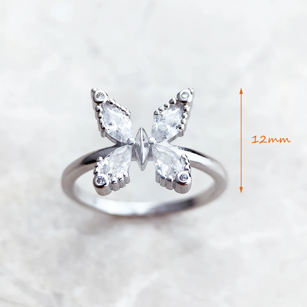 Bague Papillon Heureux Pierres Blanches Europe Bijoux Raffinés pour Femmes Été Cadeau Romantique en Argent Sterling 925