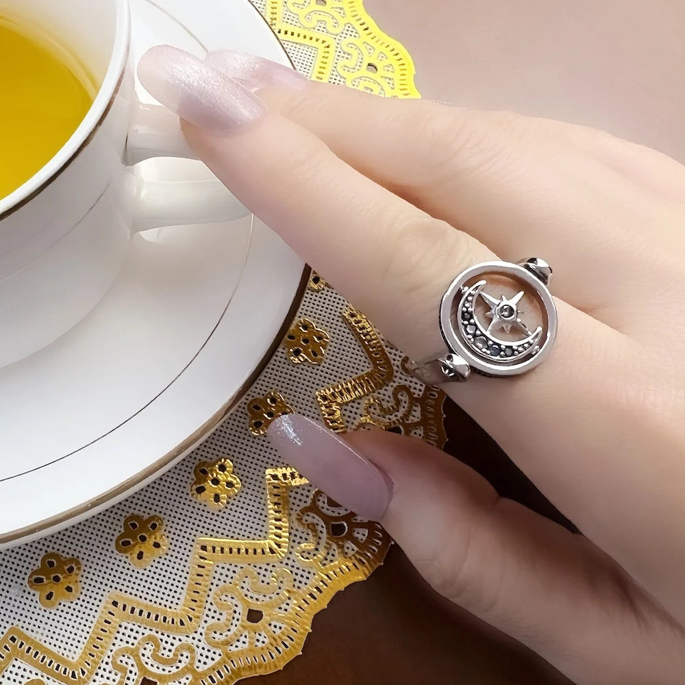 Bague Royauté Étoile & Lune Or, Bijoux Européens pour Femmes Élégantes, Cadeau Bohème 2022 en Argent Sterling 925