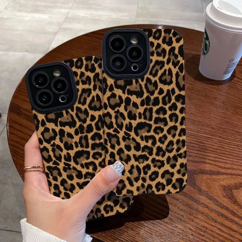 Coque en Silicone et Cuir Motif Léopard pour iPhone