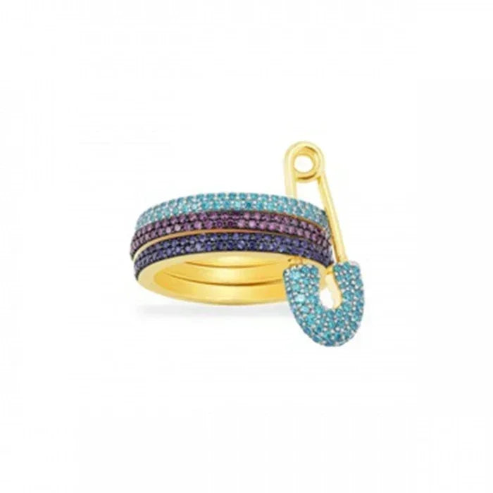 Bague Double Anneau avec Pendentif Sécurité – Zircons Étincelants, Multi Couleurs