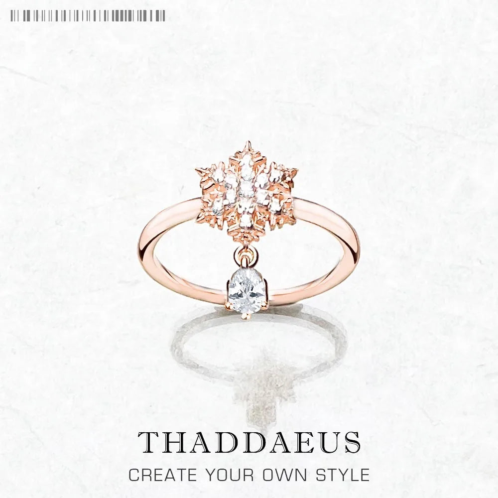 Bague Flocon de Neige Or Rose - Pierres Blanches - Bijoux Fins - Cadeau d'Hiver Romantique pour Femmes en Argent Sterling 925