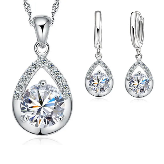 Ensemble de Bijoux de Mariée en Argent Sterling 925 avec Collier en Goutte d'Eau Cristal et Boucles d'Oreilles Créoles