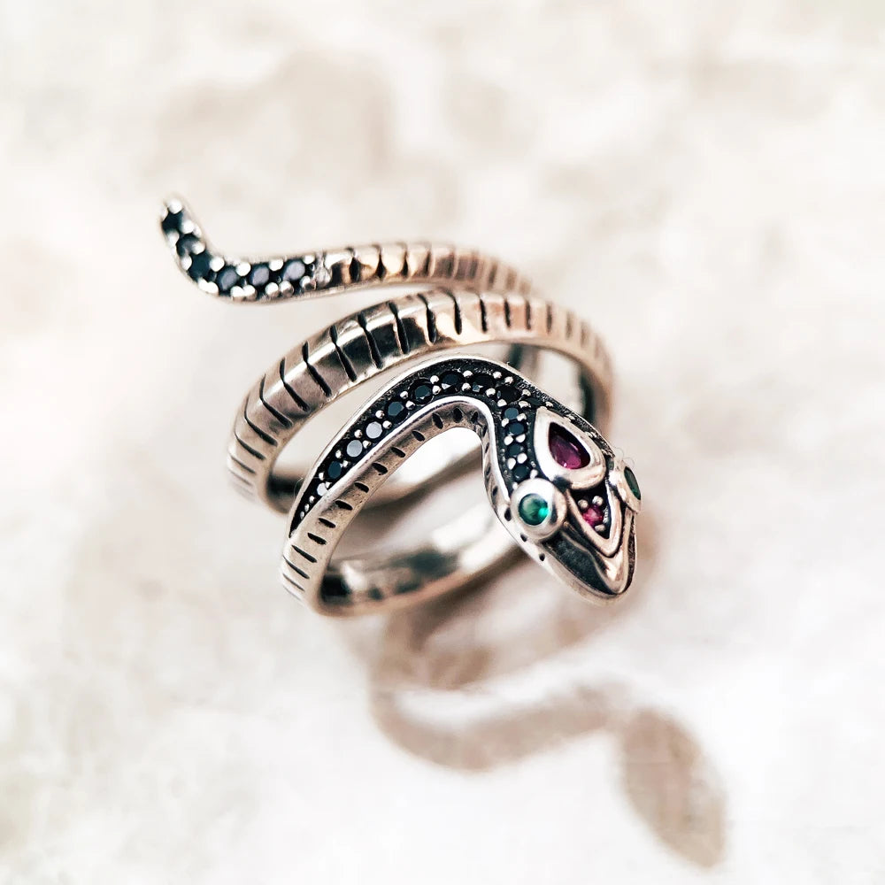 Bague Serpent Pierres Noires Style Europe Classique Bijoux Raffinés Pour Femmes, Cadeau Neuf En Argent Sterling 925 Pur