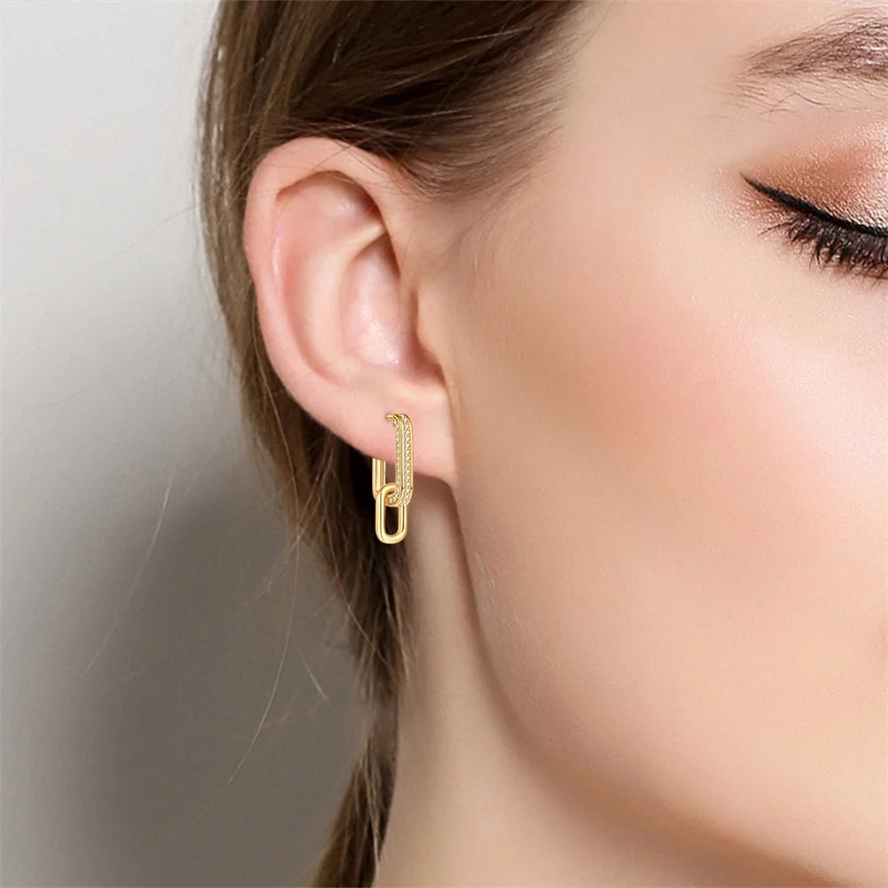 Boucles d'Oreilles Élégantes en Argent 925 et Or K - Design Double Boucle Carrée, Parfaites pour Anniversaires et Soirées