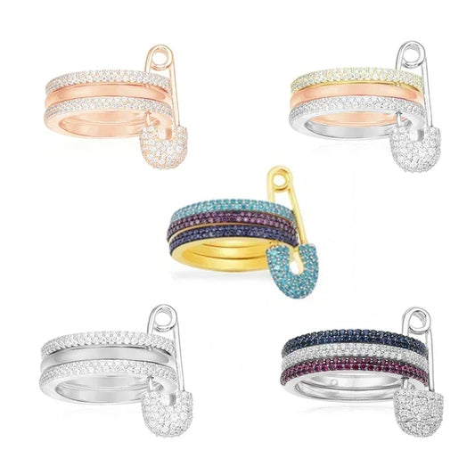 Bague Double Anneau avec Pendentif Sécurité – Zircons Étincelants, Multi Couleurs
