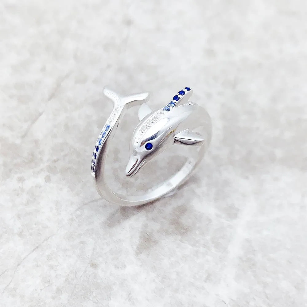 Bague dauphin avec pierres bleues - Nouvelle tendance en bijoux fins - Argent sterling 925 pur - Cadeau joyeux pour femmes