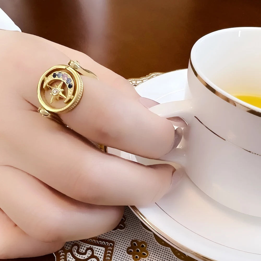 Bague Royauté Étoile & Lune Or, Bijoux Européens pour Femmes Élégantes, Cadeau Bohème 2022 en Argent Sterling 925