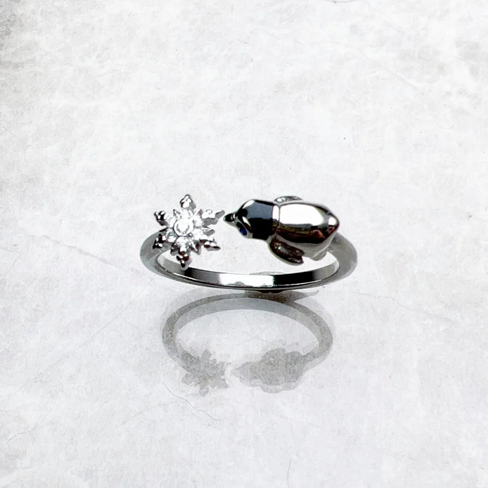 Bague Flocons de Neige et Manchot - Cadeau d'Hiver Mignon pour Femmes en Argent Sterling 925