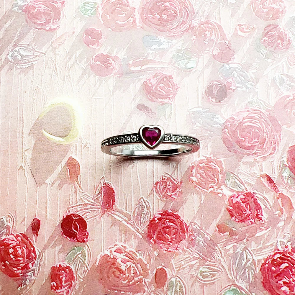 Bague Solitaire Cœur Rose en Argent Sterling 925 - Style Romantique