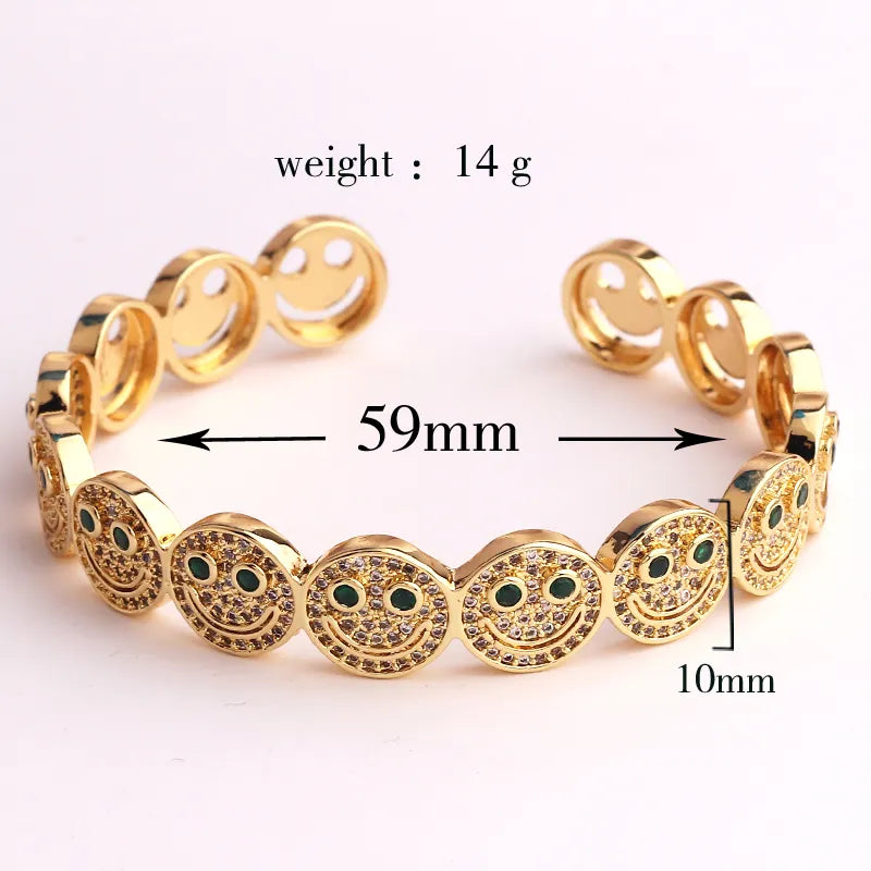 Bracciale Smiley Bracciale con sorriso tondo in rame placcato oro con zirconi