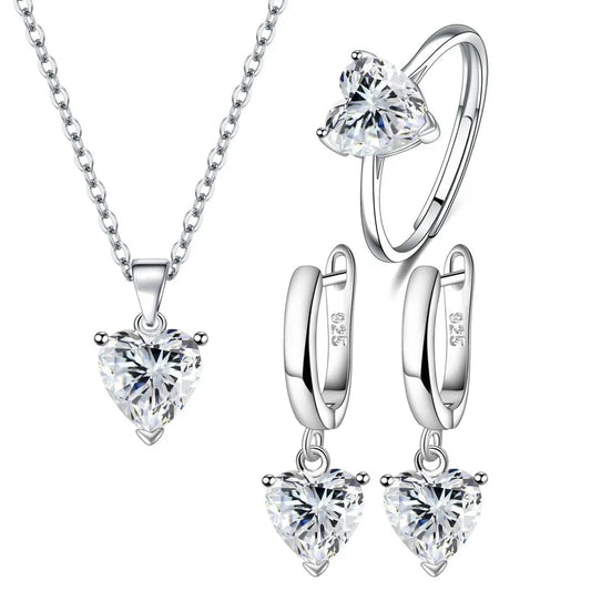 Ensemble de Bijoux en Argent Sterling 925 pour Femmes avec Bague, Boucles d'Oreilles et Collier Zircon Coeur