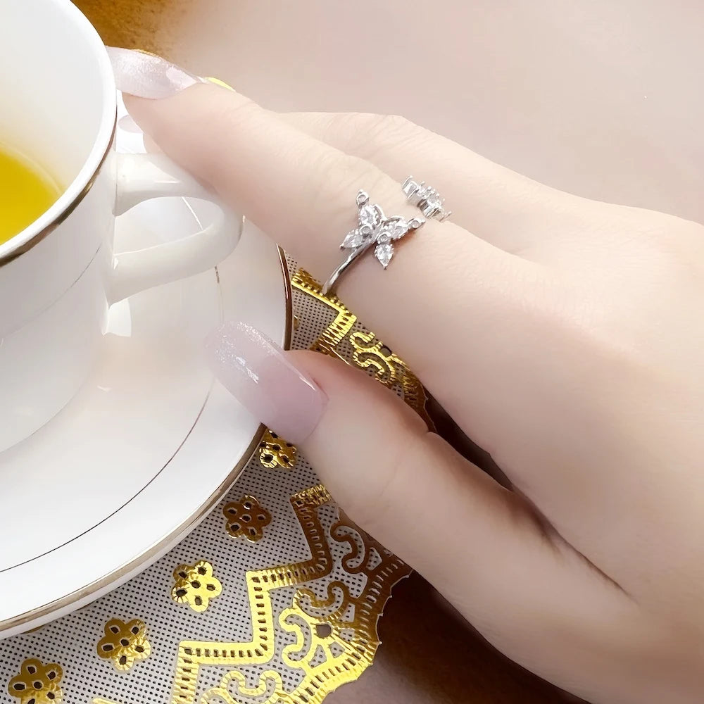 Bague Papillon avec Fleur en Argent Sterling 925