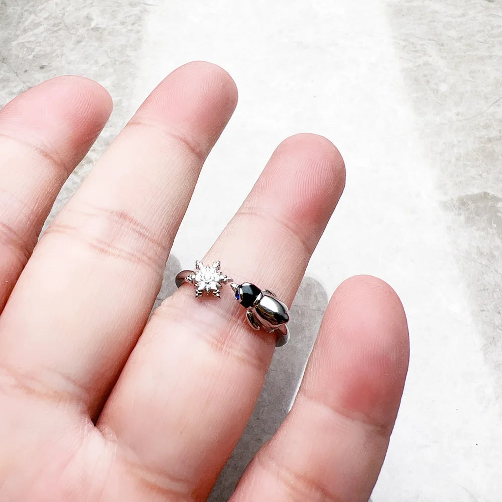Bague Flocons de Neige et Manchot - Cadeau d'Hiver Mignon pour Femmes en Argent Sterling 925