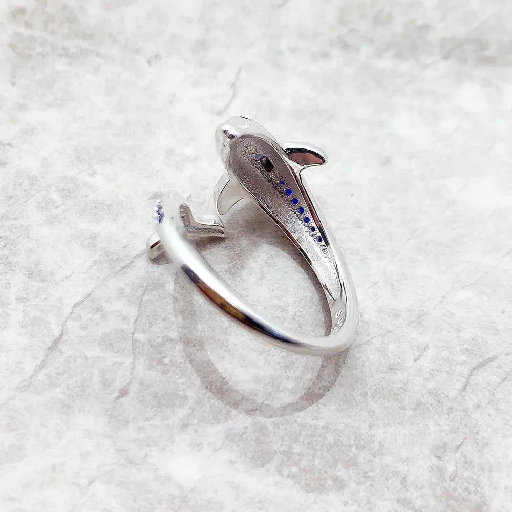 Bague dauphin avec pierres bleues - Nouvelle tendance en bijoux fins - Argent sterling 925 pur - Cadeau joyeux pour femmes