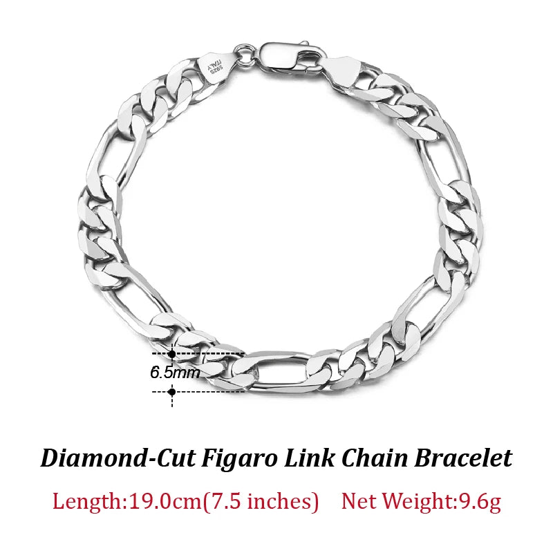 Bracelet Figaro en Argent Sterling 925 - Chaîne Diamantée Élégante - Plusieurs Tailles
