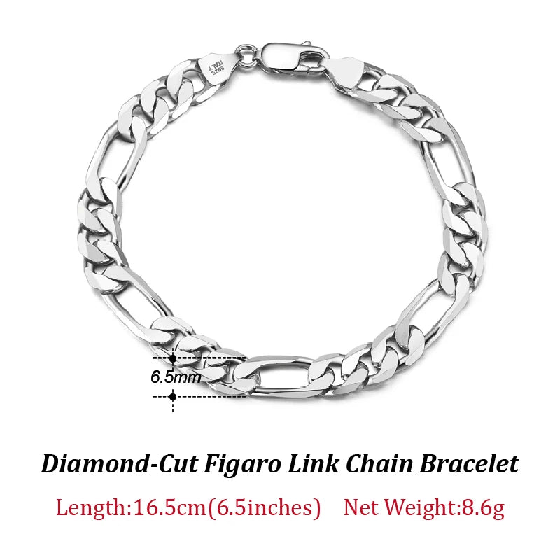 Bracelet Figaro en Argent Sterling 925 - Chaîne Diamantée Élégante - Plusieurs Tailles