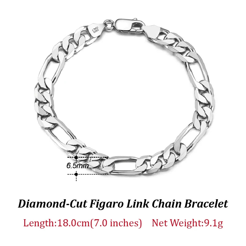 Bracelet Figaro en Argent Sterling 925 - Chaîne Diamantée Élégante - Plusieurs Tailles