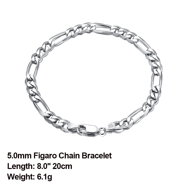 Bracelet Figaro en Argent Sterling 925 - Chaîne Diamantée Élégante - Plusieurs Tailles