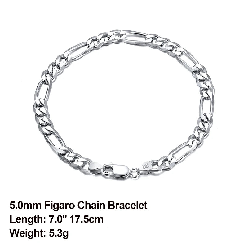 Bracelet Figaro en Argent Sterling 925 - Chaîne Diamantée Élégante - Plusieurs Tailles