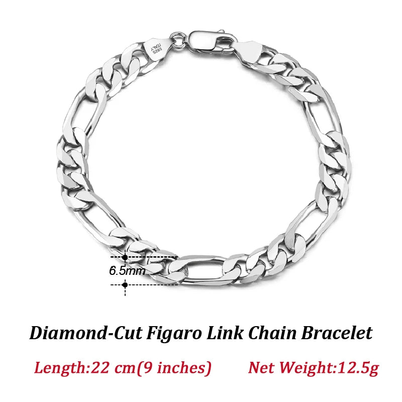 Bracelet Figaro en Argent Sterling 925 - Chaîne Diamantée Élégante - Plusieurs Tailles