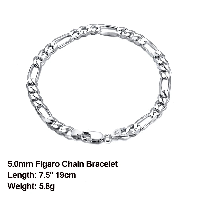 Bracelet Figaro en Argent Sterling 925 - Chaîne Diamantée Élégante - Plusieurs Tailles