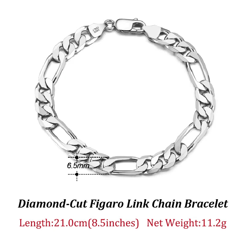 Bracelet Figaro en Argent Sterling 925 - Chaîne Diamantée Élégante - Plusieurs Tailles